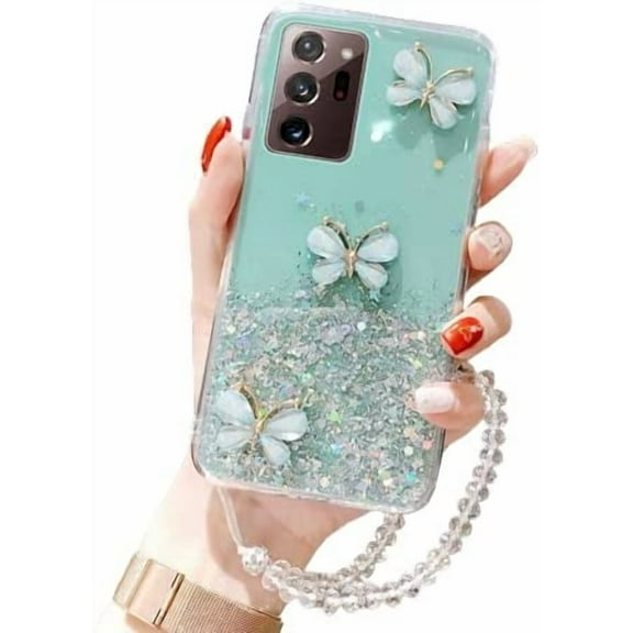 For Samsung Galaxy S20 Plus Green Smart Shockproof Glitter Crystal butterfly Wrist Strap Cover Case
