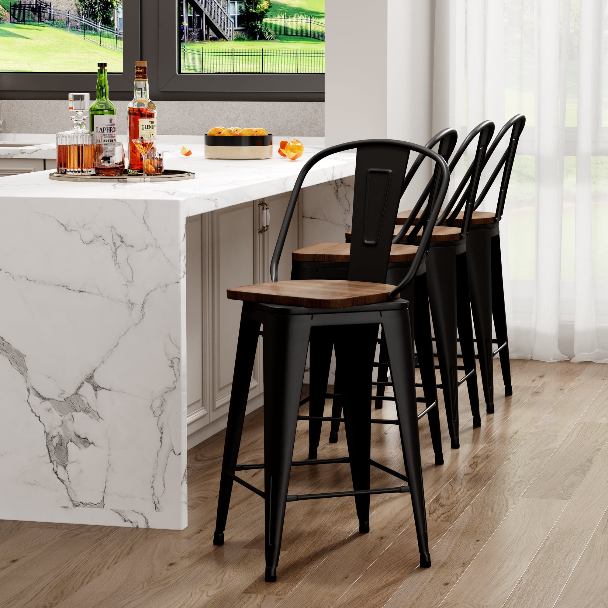 Andeworld Swivel Metal Bar Stools with Backs Counter Stools Set of 4 Counter Height Stools High Back Bar Chairs 24 Inch Bar Stools Farmhouse Matte Black