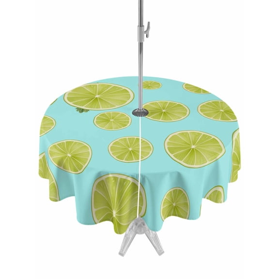 Outdoor Tablecloth with Umbrella Hole for Patio/Picnic/Party/Camping, Sliced Lemon Waterproof Table Cloth Round Cover Washable, Simple Summer Tropical Green (Dia 54")