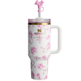 thumbnail image 1 of Stainless Steel 40oz Cup LoveShackFancy Ribbon Rosa Quencher Tumbler, with Straw and Gift Box, 1 of 2