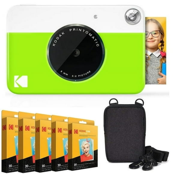 Kodak Printomatic Instant Camera Bundle with Zink Photo Paper 100-Pack & Case (Green)