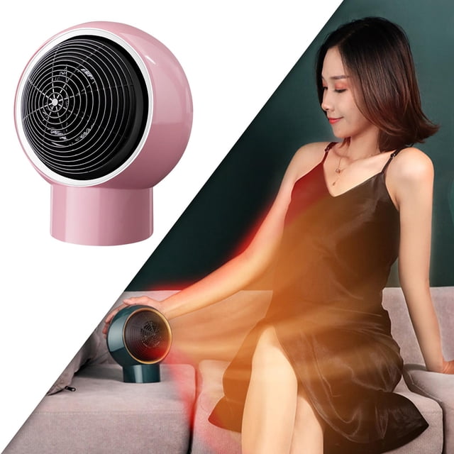 calentador eléctrico cola ventilador de calefacción personal rosado Vista frontal centrada de calentador eléctrico portátil rosado con rejilla circular negra y base cilíndrica; carcasa de plástico, tamaño 180x130x85mm. Escena dividida muestra otro calentador sobre sofá emitiendo aire caliente junto a una persona sentada. Diseñado para escritorio y espacios pequeños; operación simple y apagado automático por sobretemperatura; apto también para oficina, dormitorio o camping.