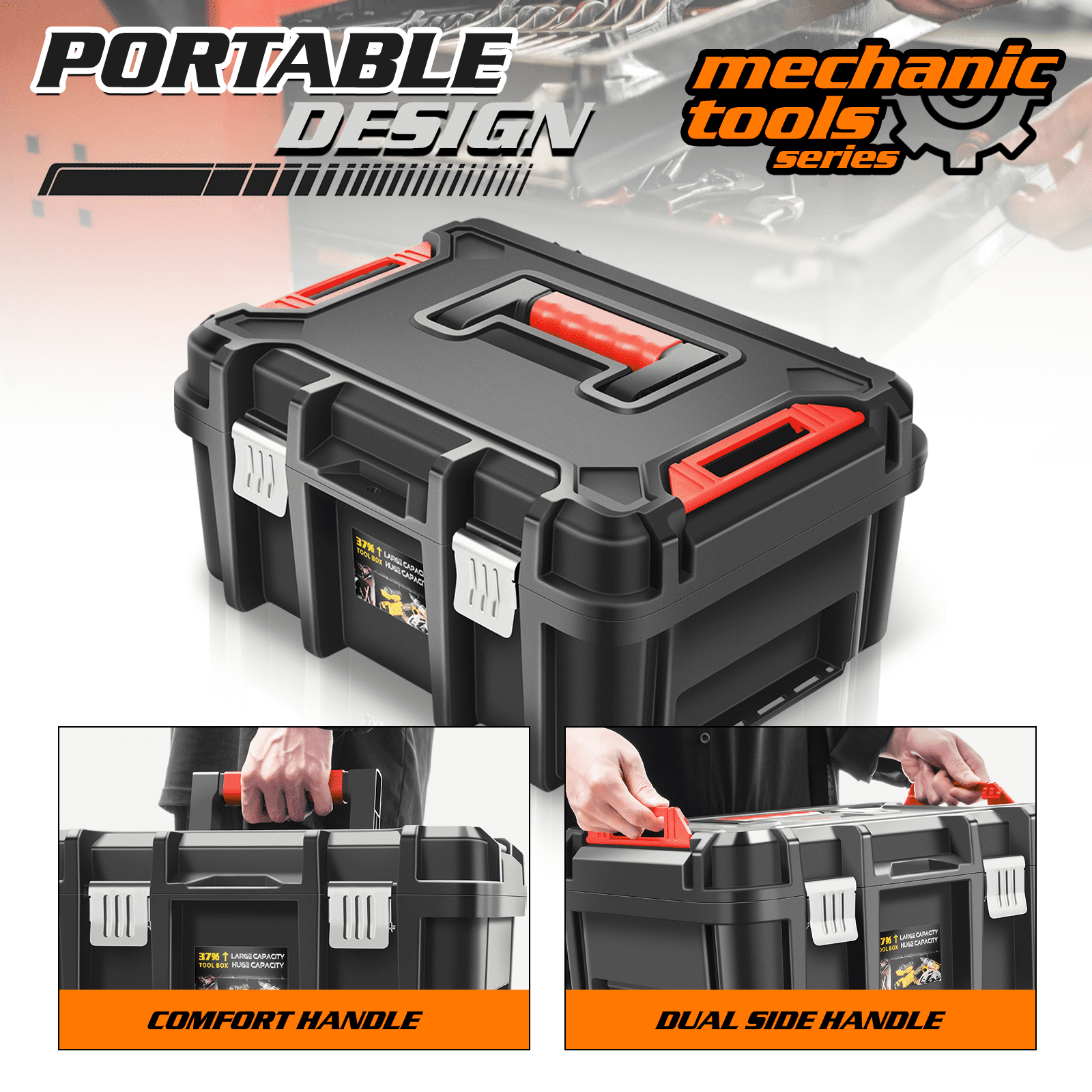 Monibloom Portable Tool Box with Removable Tray, Lockable Storage Organizer for Home & Garage, 17.3"L x 12.9"W x 8.5"H, Black/Red