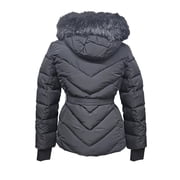 Michael Michael Kors Womens Black Belted Down Chevron Scutab Stretch Quilted Coat Jacket with Faux Fur