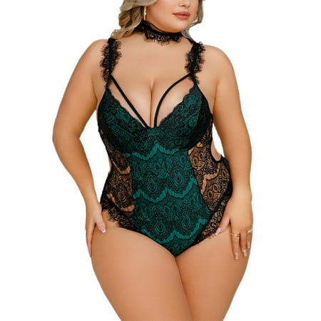 

Niuer Women Bodysuit Halter Sleepwear Plus Size Backless Lingerie Sleeveless Ladies One Piece Adjustable Straps Solid Color Deep V Dark Green 4XL