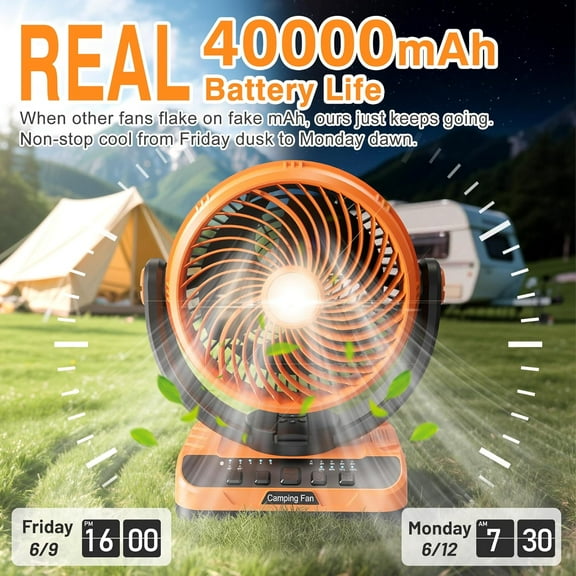 40000mAh Battery Operated Camping Fan - 136H Max Cooling, Rechargeable Battery Powered Oscillating Floor Fan with Charger, Remote & Hook, Portable for Tent Outdoor Garage Hurricane Power Outage