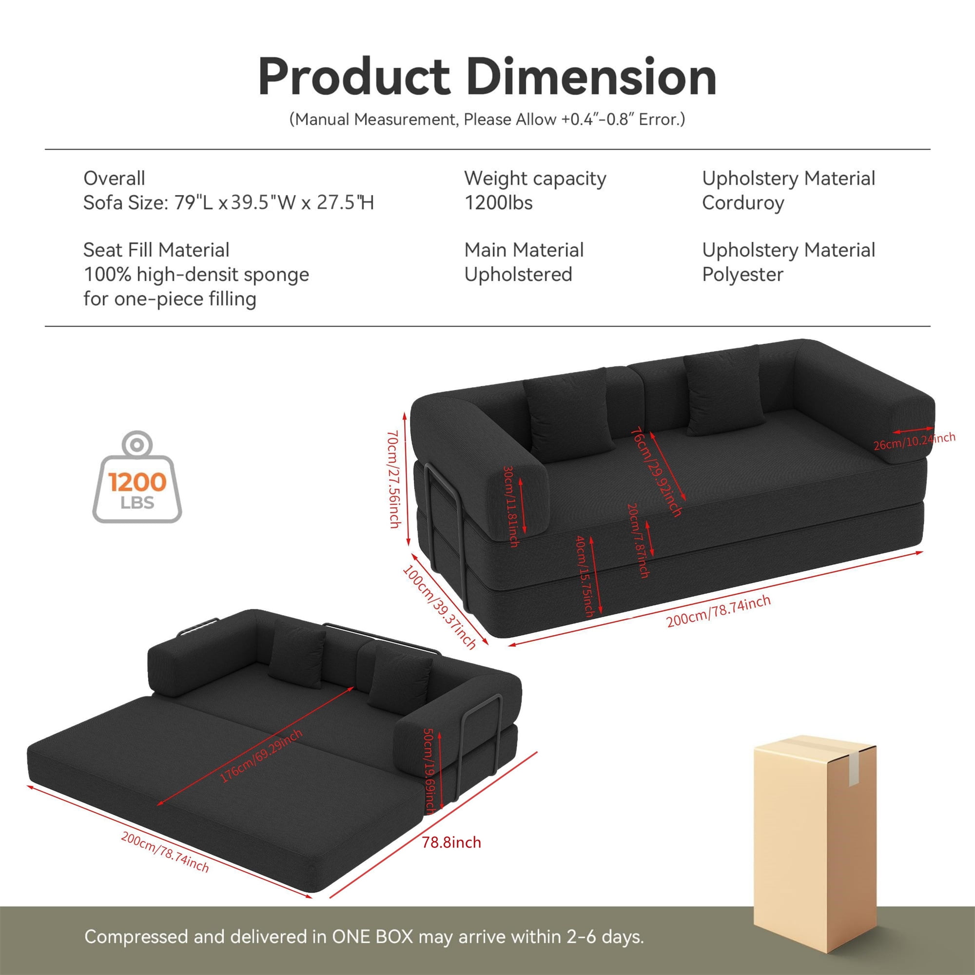 Aukfa 79" Chaise Futon Convertible Sofa Bed Boneless Couch with Fixed Frame, 2 Pillows, King Size, Corduroy, Black
