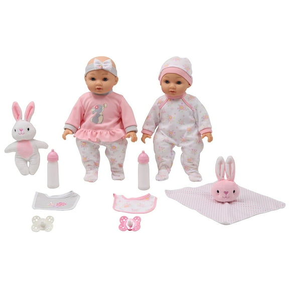 Dream Collection: Deluxe Twin Set - Bunny - 2 Lifelike 14" Baby Dolls, 4 pc Feeding Accessories, Soft Body, Pacifiers, Pretend Play, Kids Ages 2