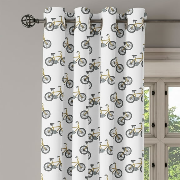 Ambesonne Cartoon Grommet Curtain Single Panel, Yellow Bicycle Pattern, 50"x60", Mustard Black