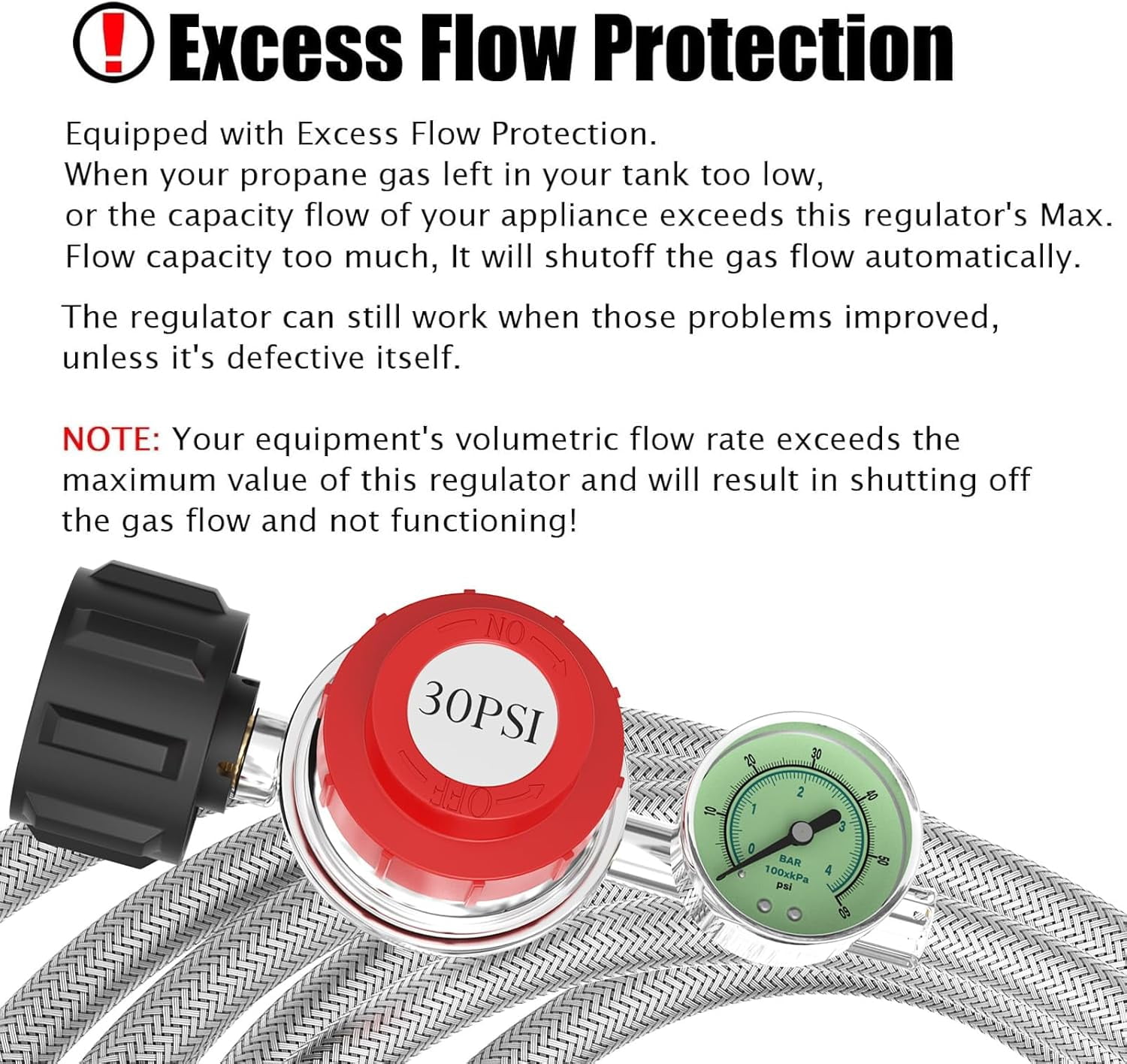 Upgraded 12 FT 0-30 PSI High Pressure Adjustable Propane Regulator with Gauge 0~60PSI Gas Flow Indicator, QCC1 x 3/8" Female Flare Fitting with 3/8 Flare x 1/8 MNPT, Stainless Braided Propane Hose