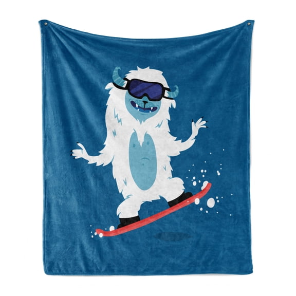 Bigfoot Soft Flannel Fleece Blanket, Yeti Monster Illustration While Snowboarding in Winter Theme Fantasy Monster Print, Cozy Plush for Indoor and Outdoor Use, 50" x 60", Multicolor, by Ambesonne