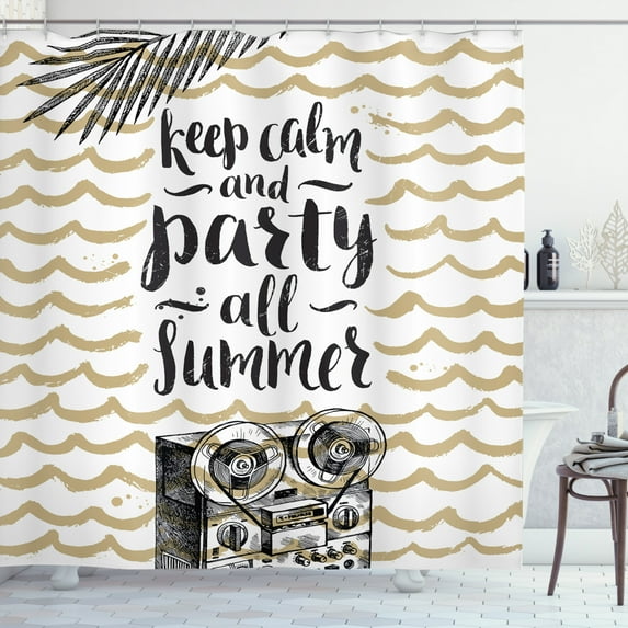 Keep Calm Shower Curtain, Party All Summer Text with Brush Waves and Retro Stereo, Fabric Bathroom Set with Hooks, 69"WX70"L, Dark Sand Brown Charcoal Grey White, by Ambesonne