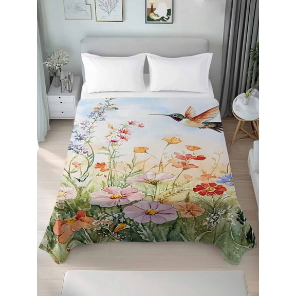 Spring Floral Full Size Flat Sheet, Wrinkleproof & Fadeproof Cooling Flat Bed Sheet Only, Hummingbird Summer Botanical Watercolor Breathable Soft Bedding Top Sheets 81 x 96 Inches