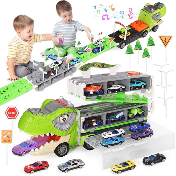 ToyM Dinosaur Truck Toys for 3 4 5 Years Old Boys, Toddler, Foldable Track & 2 Player Race Mode, Light & Sound, 5-FT Race Track and 8 Die-Cast Metal Toy Cars and 4 dinosaur cars & 13 Accessories