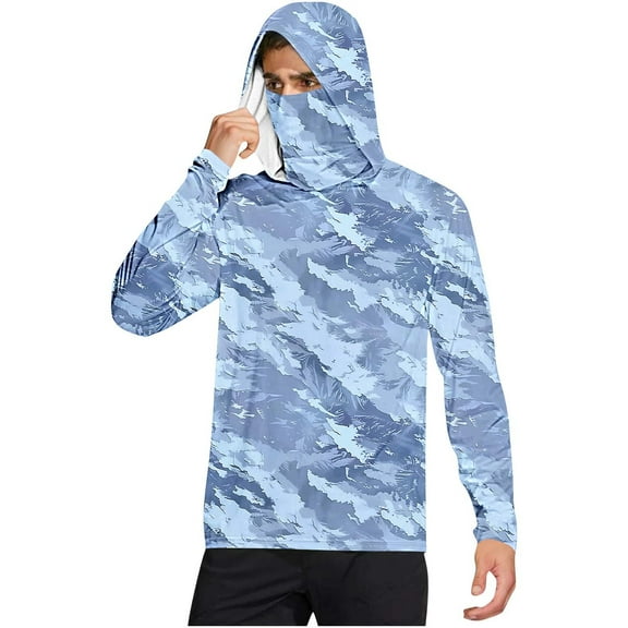 QingYiHua Men's Upf 50 Sun Protection Shirt with Mask Lightweight Long Sleeve Camouflage Hooded Hiking Fishing Performance Shirts with Thumbholes,Light Blue
