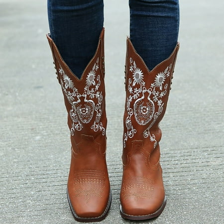 

Cathalem Womens Boots with Heel And Buckles Toe Print Slip On Heels Middle Women Embroidery Retro Boots for Women No Heel Leather Brown 7