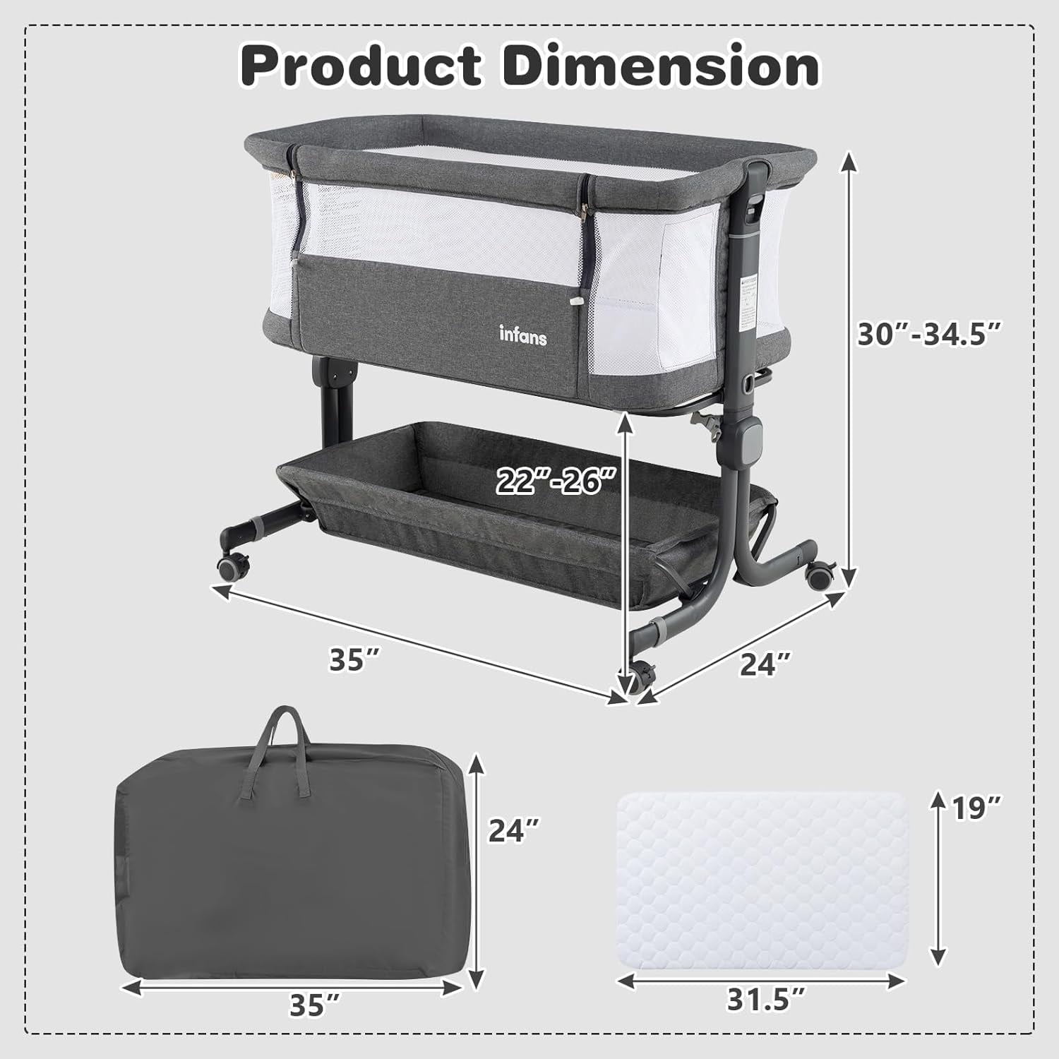 OLAKIDS 3-in-1 Baby Bassinet, Bedside Sleeper with Comfy Mattress, Wheels, 6-Height Adjustable, Storage Basket, Travel Bag, Portable Mesh Crib, Gray