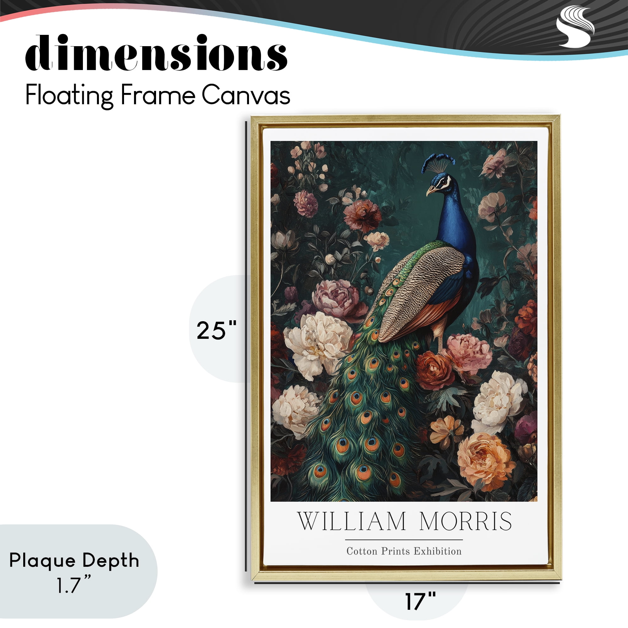 Stupell Industries Vintage Floral Peacock William Morris Gold Framed Floater Canvas Wall Art, design by Petal Prints Design