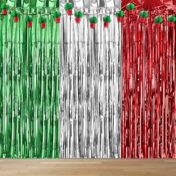 3 Pack Green Red Silver Tinsel Foil Fringe Curtain Streamers for Christmas Holiday Party Decorations Photo Booth Props, 3.3Ft x 6.6Ft