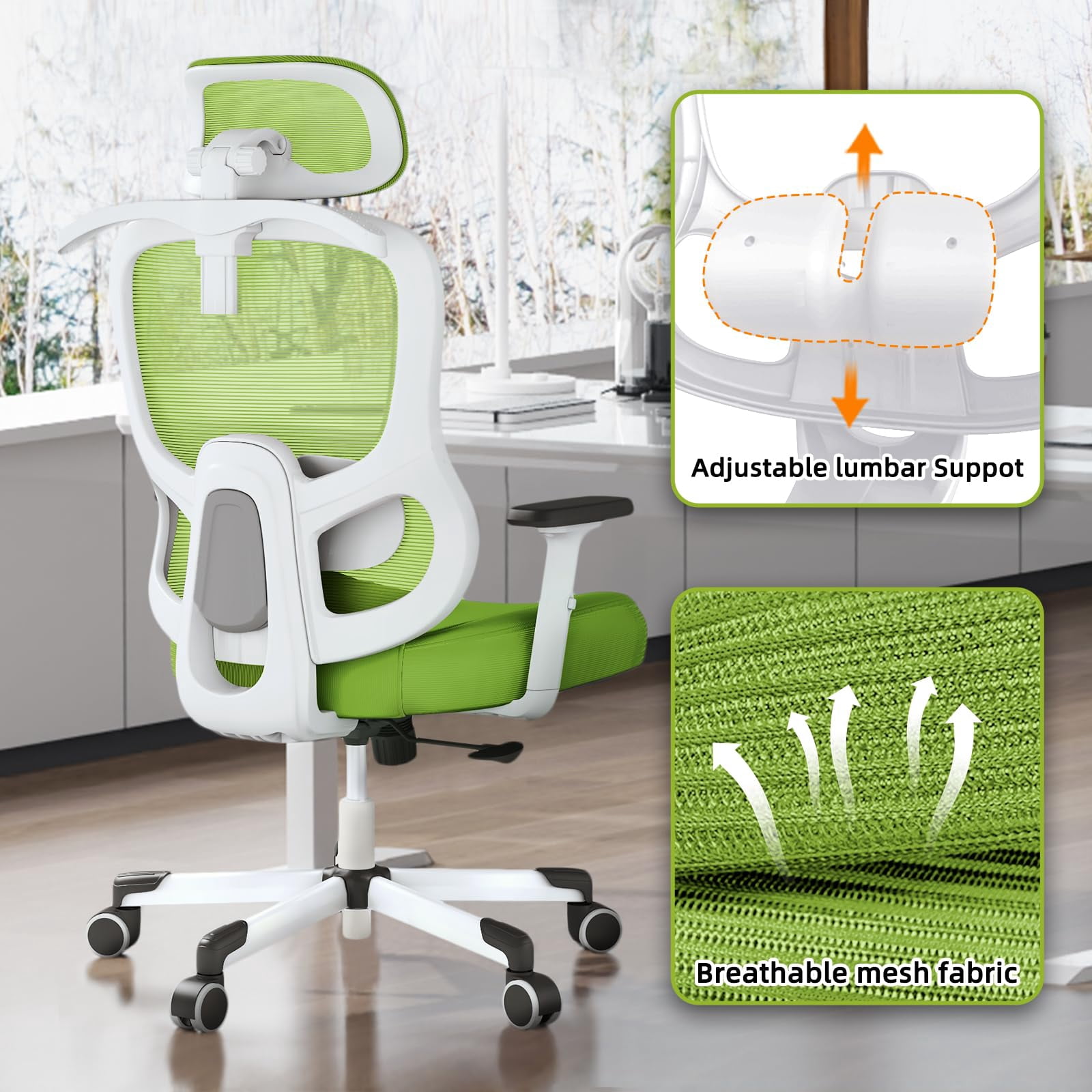 Ergonomic Office Chair With adjustable Lumbar Support, Breathable Mesh, Rotating tilt Lock, Green