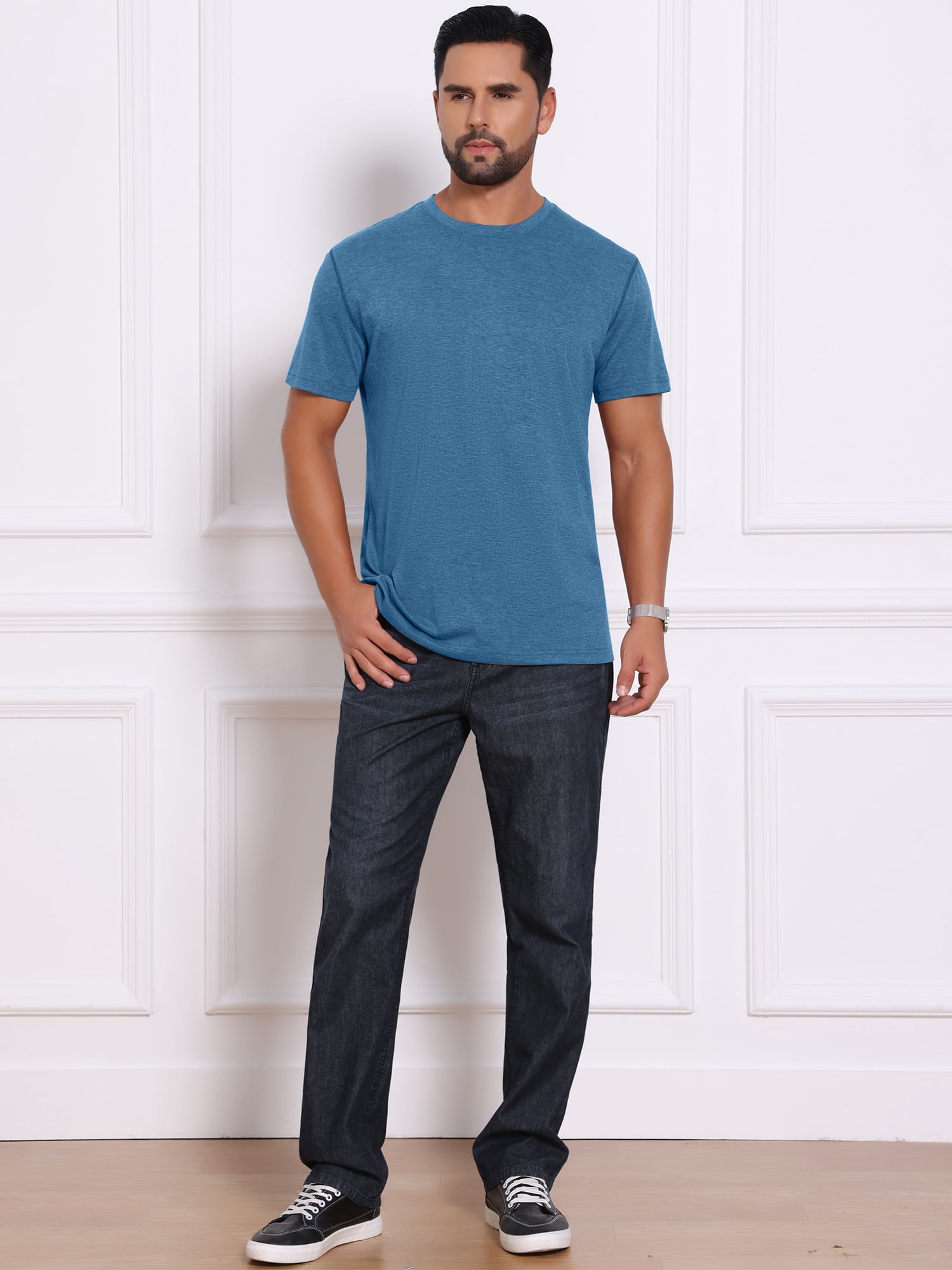 DARING DIVA Men's Crew Neck Short Sleeve Solid Color Retro Style T-Shirt S Blue