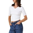 thumbnail image 4 of Camiseta básica casual de mujer con cuello en V, de manga corta, elástica y ligera, talla XS, blanca, 4 of 6