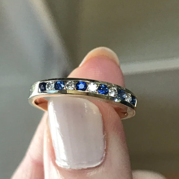 Silver & Stone Jewels Channel Set Blue CZ Band Gold Plated Classic Stacking Ring for Women, Elegant Anniversary or Wedding Band