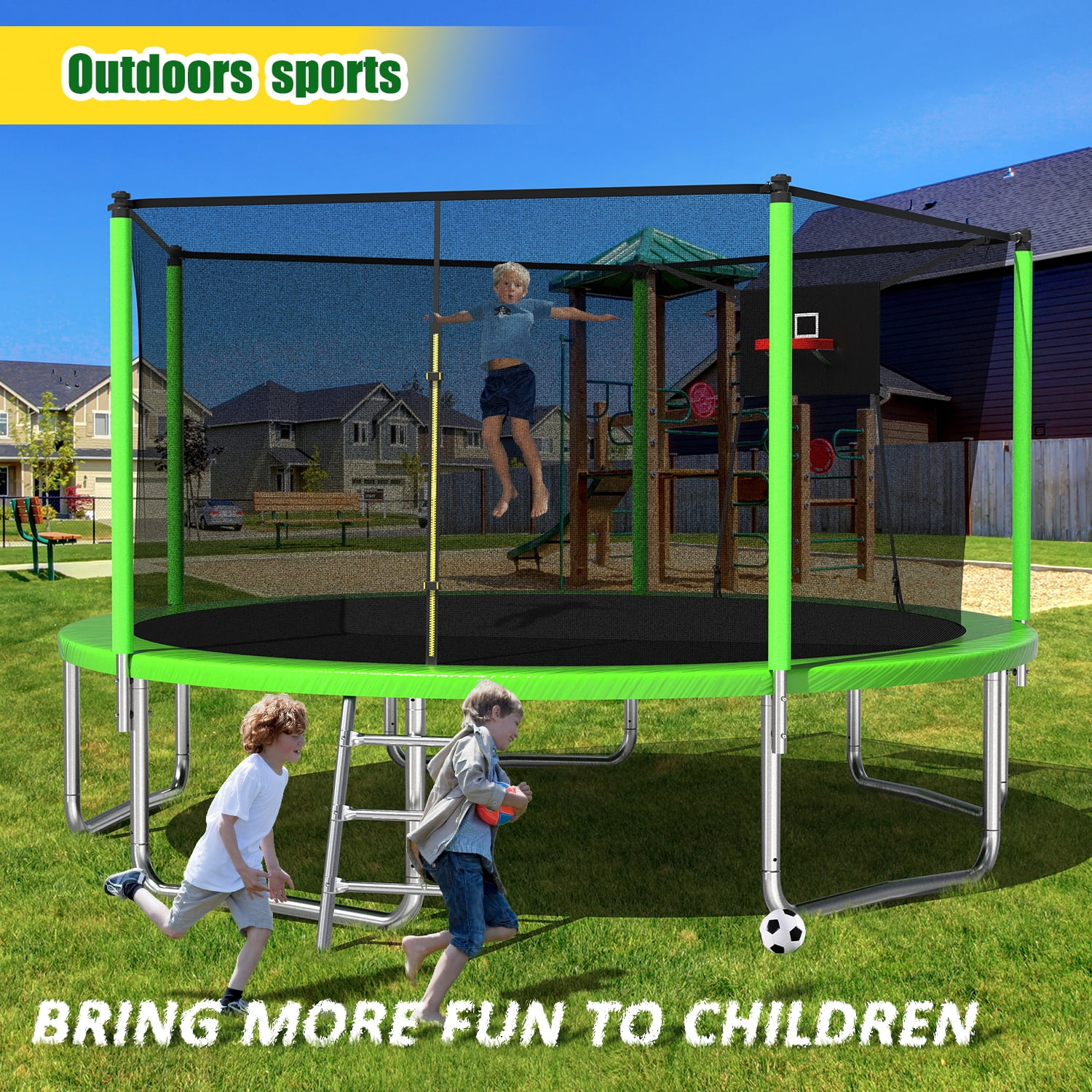 Leumius 14ft Trampoline with Basketball Hoop,Heavy-Duty Outdoor Trampoline with with Enclosure Net,Upgraded Kids Recreational Trampoline for Family,Green