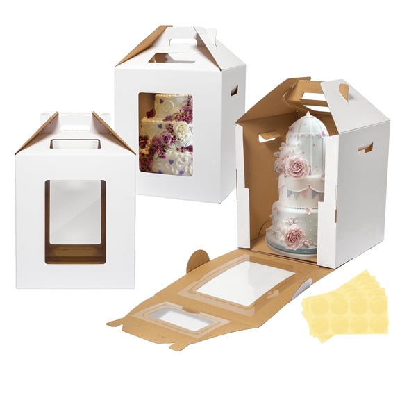 3 Pack Tall Cake Boxes for Tier Cakes 10x10x12 Inch Disposable Layer Tall Cake Baking with Window Large Tierd Bakery Take Out Transport Containers with Handle for Wedding, Birthday, Party