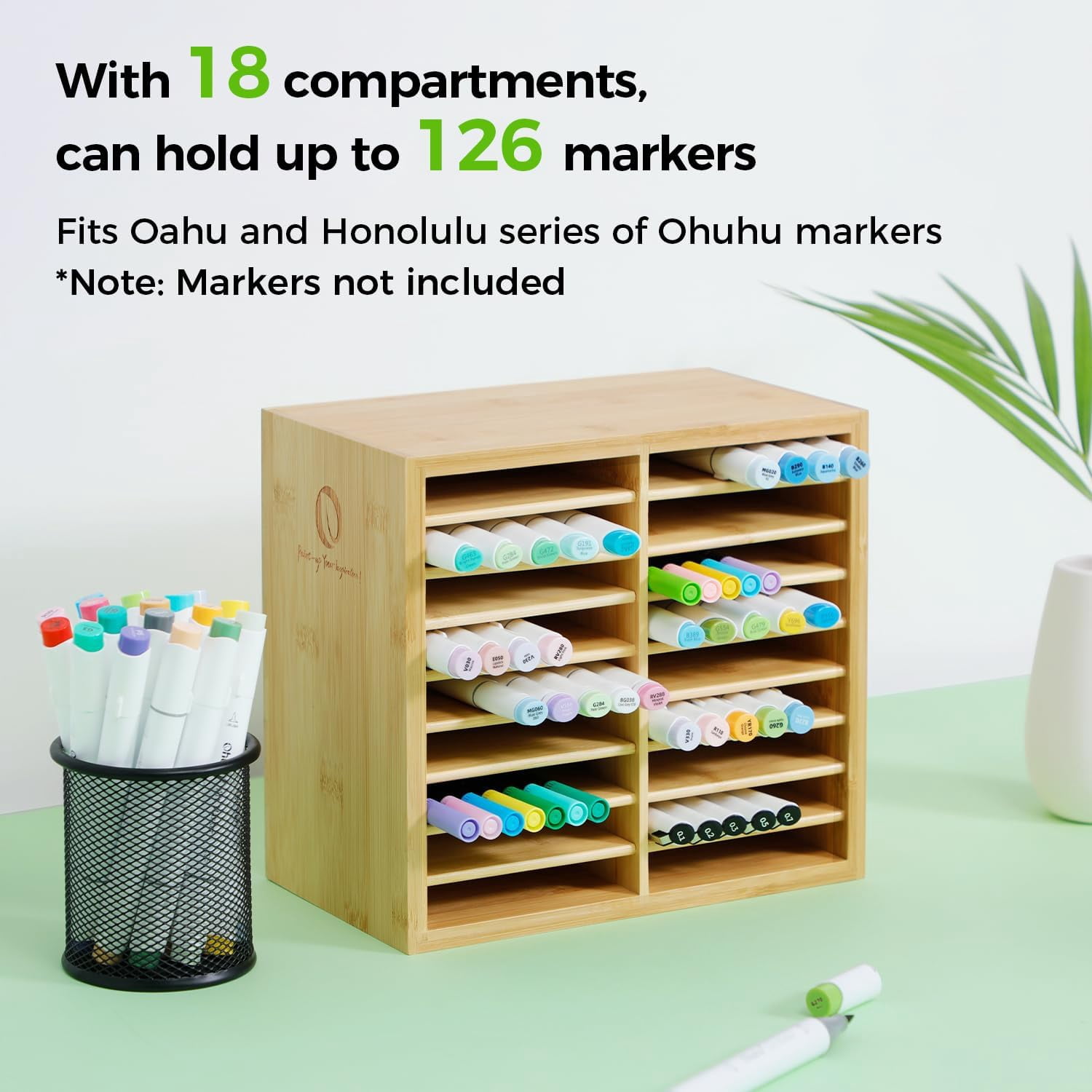 Ohuhu Bamboo Marker Organizer, Holds 126 Markers or Brushes, 18-Compartment Desktop Holder for Home