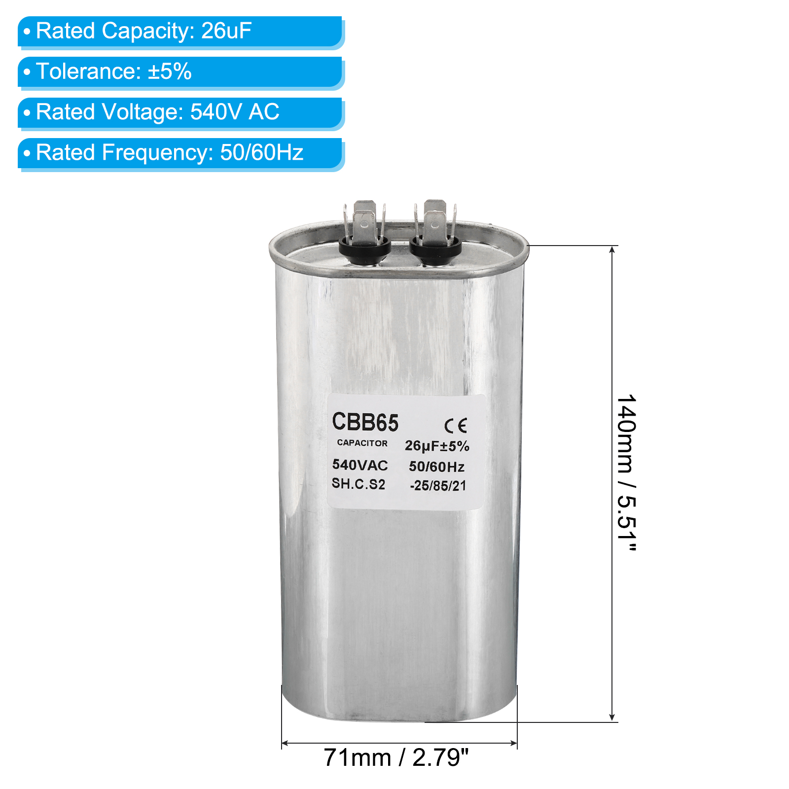 Uxcell CBB65 26uF Run Capacitor,26mfd 1Pcs AC 540V Aluminum Case with 2 Terminal