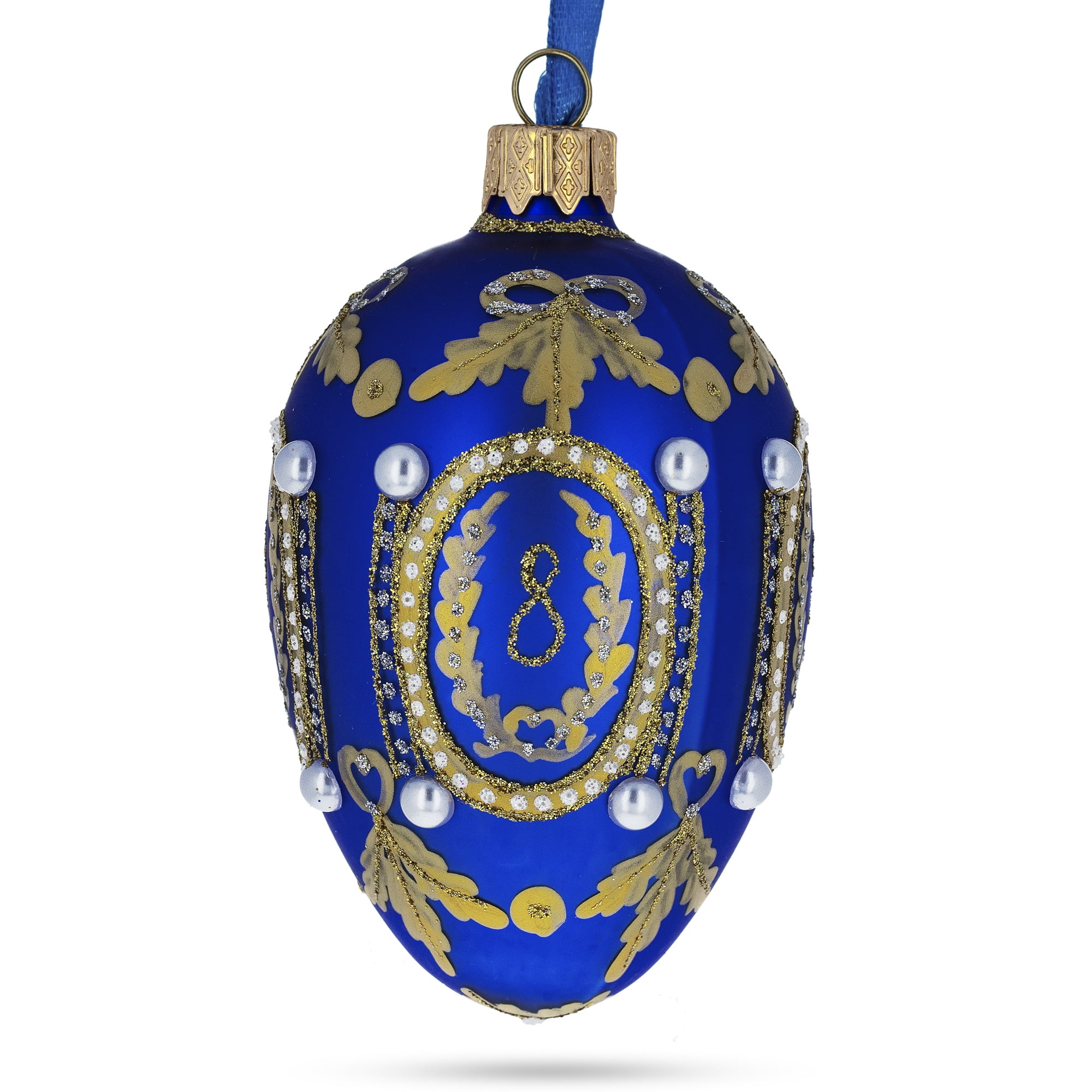 Silver on Blue Glass Egg Christmas Ornament