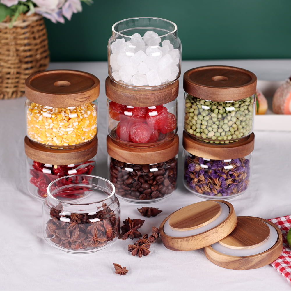 Natural Acacia Wood and Clear Glass Spice Jar Container Set with Servi –  MyGift