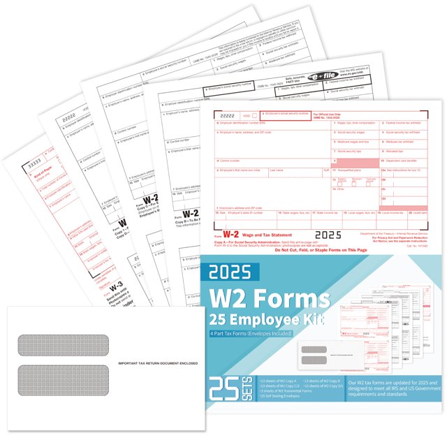 Kit W2 Forms 2025 de 4 piezas para 25 empleados con sobres y W3