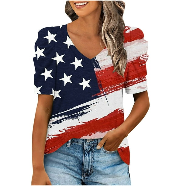 Blusas Para Mujer Elegantes Blusas Casuales Camisas Día de La Independencia Blusa Estampada Con Cuello en V Y Manga Abullonada de Moda Odeerbi ODB155138