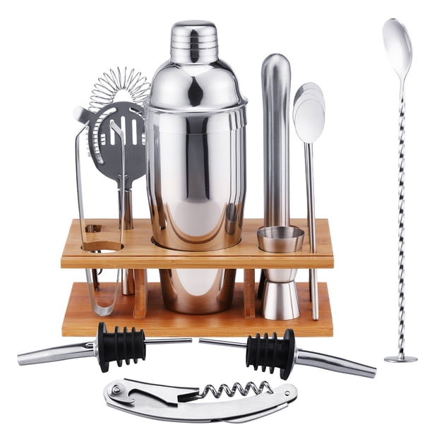 Juego profesional de 14 piezas para cócteles, fabricado en acero inoxidable 304, incluye base de madera y accesorios esenciales, ideal para principiantes y expertos. Capacidad de 550ml, diseño