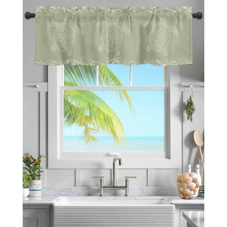 Rod Pocket Window Valances Sage Green Sea Turtle Flower Short Kitchen Curtains Abstract Marine Life Window Treatment Drapes for Bedroom Bathroom Living Room 60x18In 1 Panel