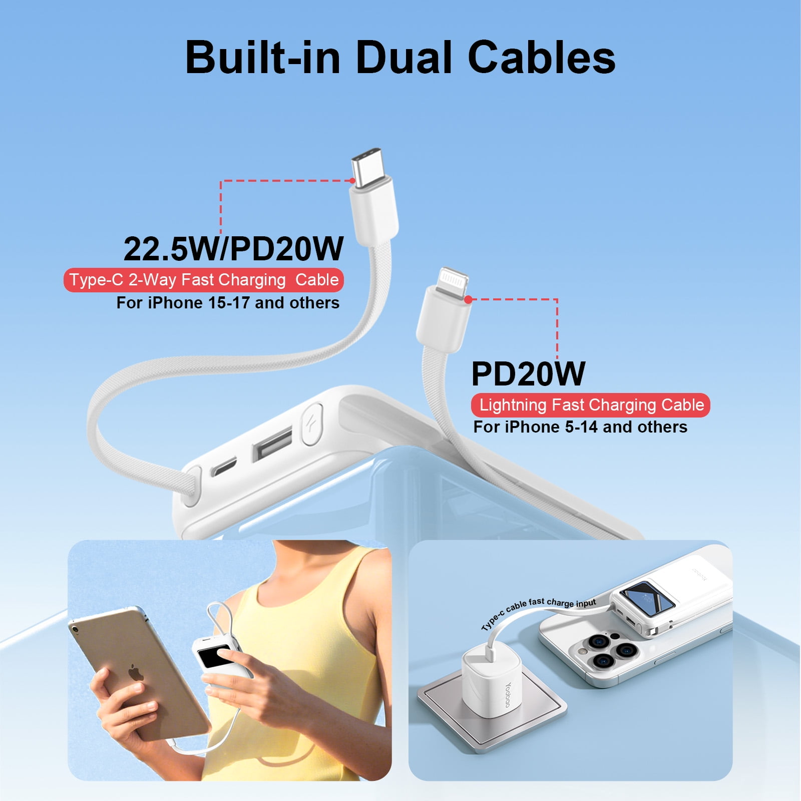 Yoobao Mini Power Bank PD20W Fast Charging with LED Display, 10000mAh USB-C in&Out Portable Charger with Built-in 2 Cables, 4 Outputs Travel Battery Pack for iPhone 16 15 Samsung iPad, White