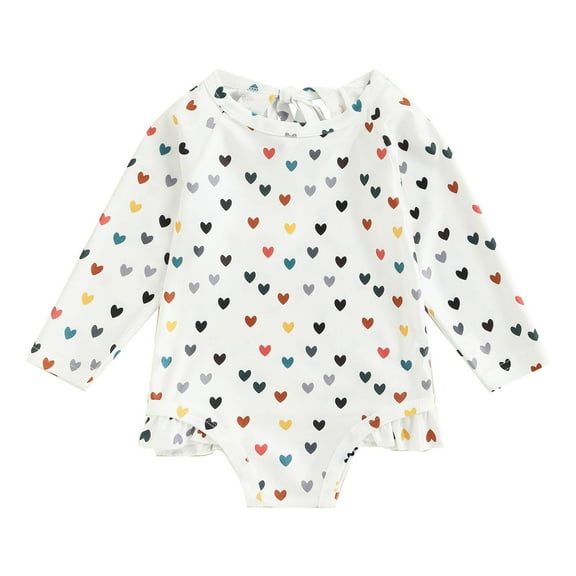 Baby Swimsuit Kids Floral Heart Prints Long Sleeve Rash Guard Bodysuit Swimwear Bathing Suits Girls Bathing Suit White 18 Months-24 Months