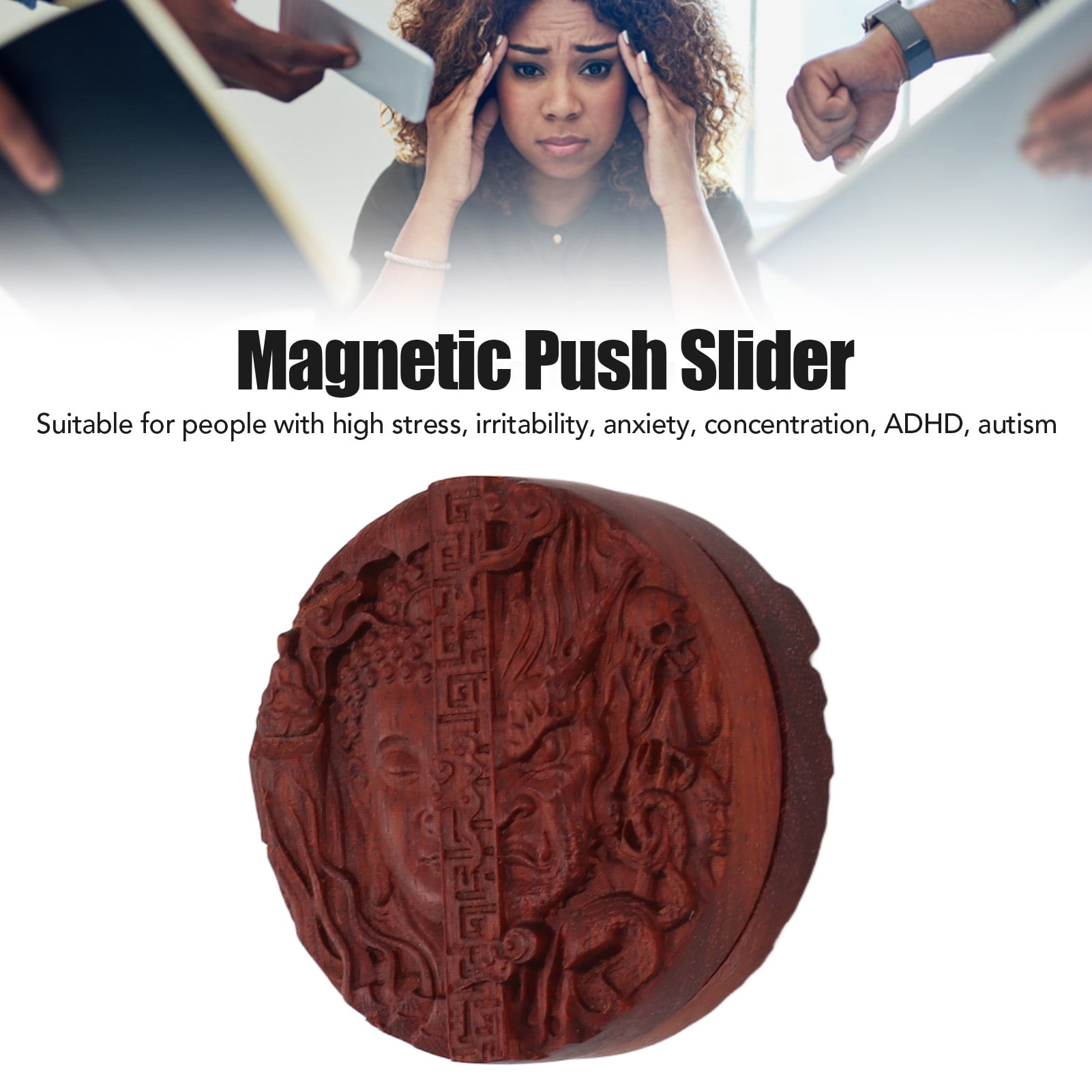 Suodoka Magnetic Push Slider Stress Relief Handmade Rosewood Crafted Rotating Fidget Toys for ADHD, Buddha Theme (1.77 inches / 45 mm)