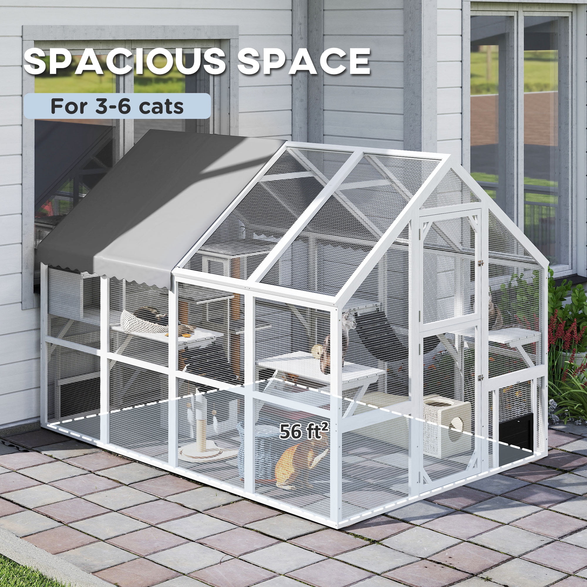 PawHut Large Catio Outdoor Cat Enclosure, Wooden Cat House for Multiple Cats, with Waterproof Cover, 2 Condos, 6 Platforms, Bridge, Doors, White