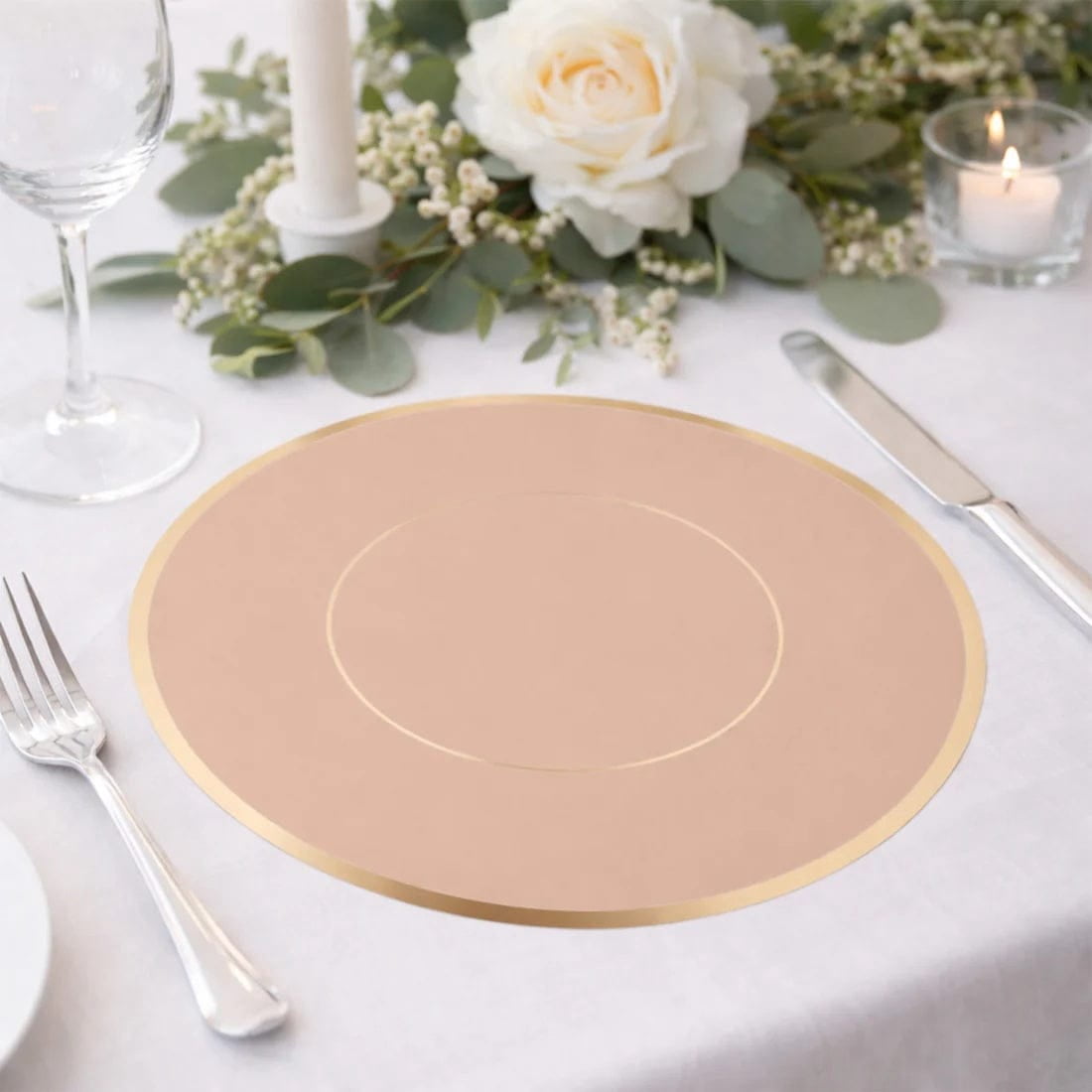 50 Dusty Rose Disposable 13 in Round Cardboard Paper Table Placemats with Gold Rim