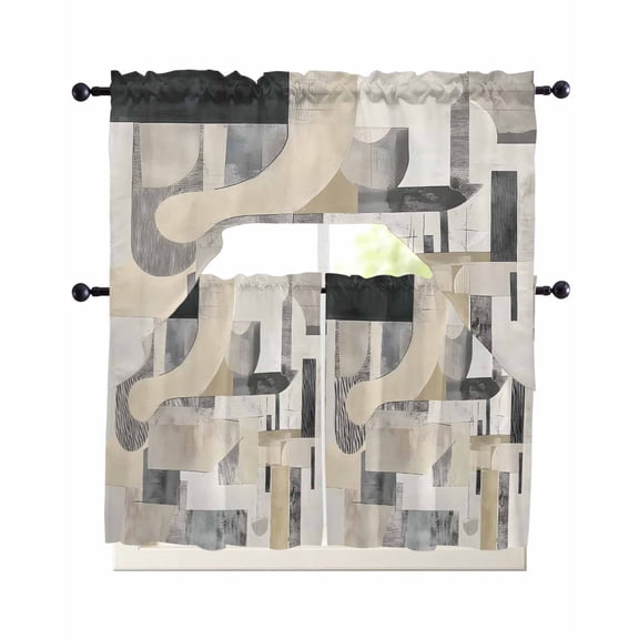 Grey Beige Abstract Kitchen Curtains Sets 24 Inch Length with Valance, Watercolor Modern Geometric Swag Valances and Tiers Curtain Set Drapes Swag Curtains for Living Room, Bathroom, Bedroom, Cafe