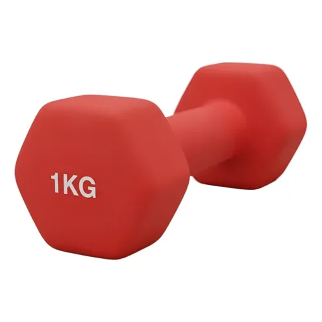 mancuerna 1 kg neopreno hexagonal 1 pza gym para ejercicio cardio beat rojo Mancuerna hexagonal de neopreno rojo 1 kg con núcleo de acero, vista 3/4; caras planas que evitan el rodamiento, mango con recubrimiento suave antideslizante y marcado "1KG" en blanco sobre fondo blanco. Ideal para tonificación en casa o gimnasio; también suele usarse como accesorio ligero para pilates o entrenamientos de viaje.