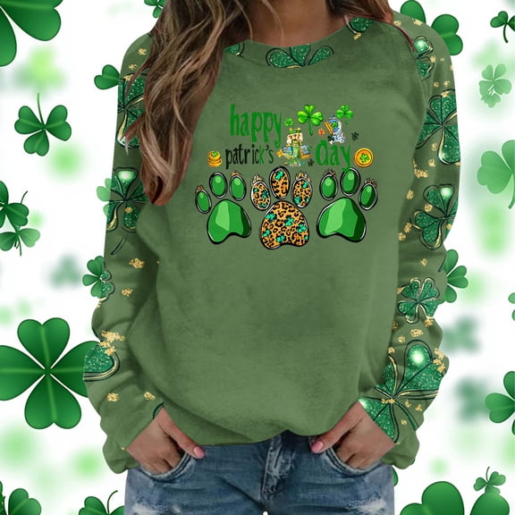 LEKWK Womens Graphic T Shirts Leopard Plaid Paw Prints Round Neck Long Sleeve St Patricks Day Shirt Dog Mom Puppy Raglan Top