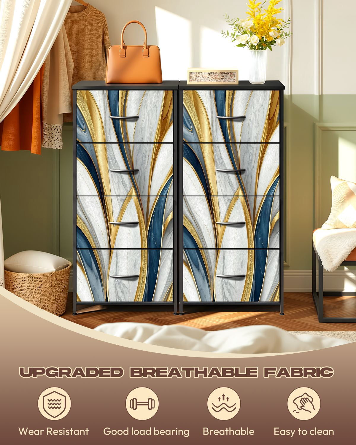Kanworse 4 Drawer Fabric Dresser for Bedroom Abstract luxury marble art marbling Chests of Drawers for Closet Organizers Storage