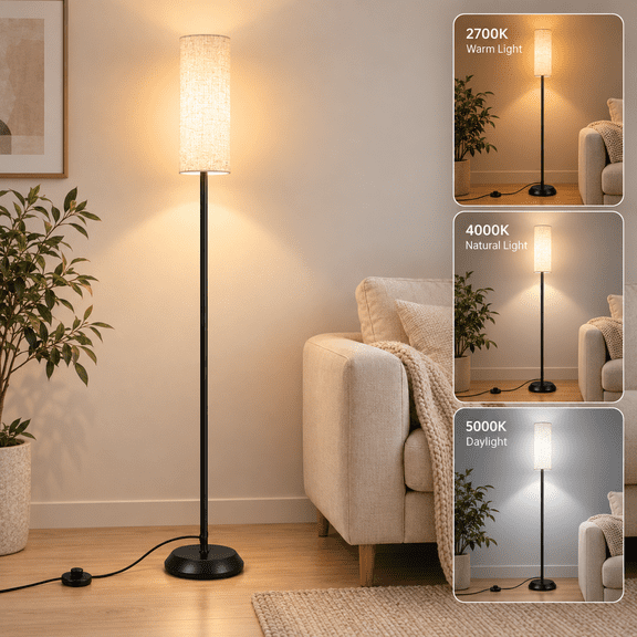 OUTON 63" LED Floor Lamp, Modern Standing Lamp with Linen Shade, 3 Color Temperatures, 9W LED Bulb & Foot Switch for Living Room Bedroom Office, Black