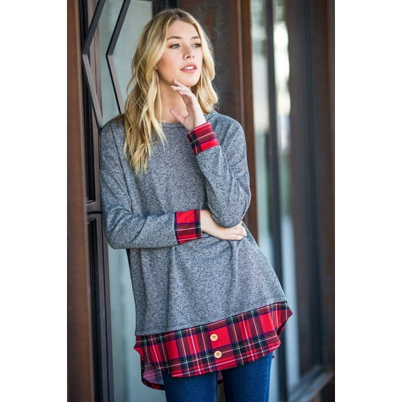 Charcoal Terry & Red Plaid Layered Tunic