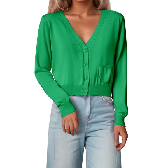 Ediodpoh Womens Cardigan Lightweight Knit Cardigan Long Sleeve Short V Neck Open Front Sweater Casual Wear with Pockets Green M