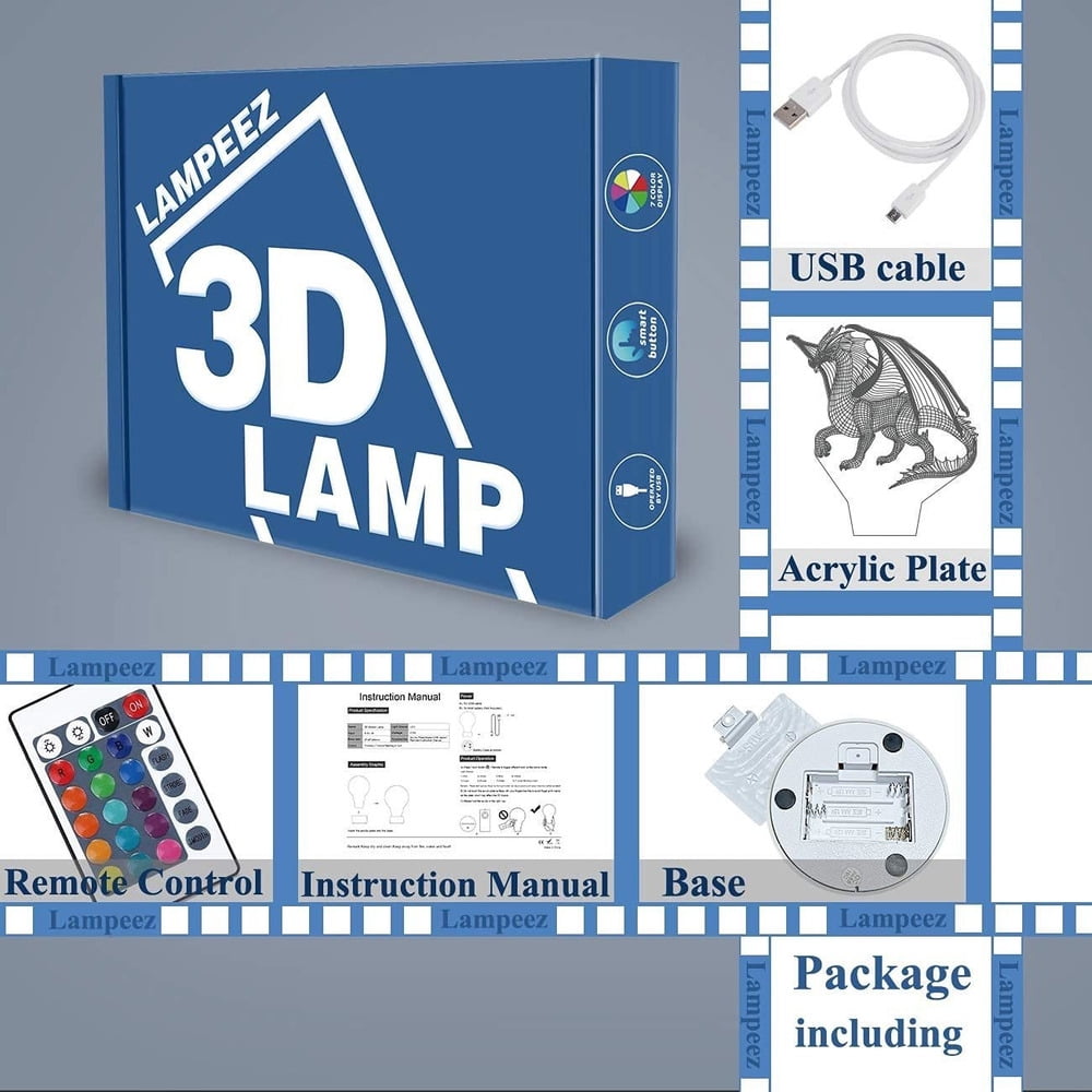 Children's LED Night Light, 3D Dragon Illusion Lamp for Bedroom Decor, Remote-Controlled 16-Color Changing, Perfect as a Christmas or Birthday Gift